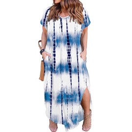 Kancystore Plus Size Dress for Women Casual Summer Tie Dye Dresses Valentines Day Gifts for Wife XL Blue White