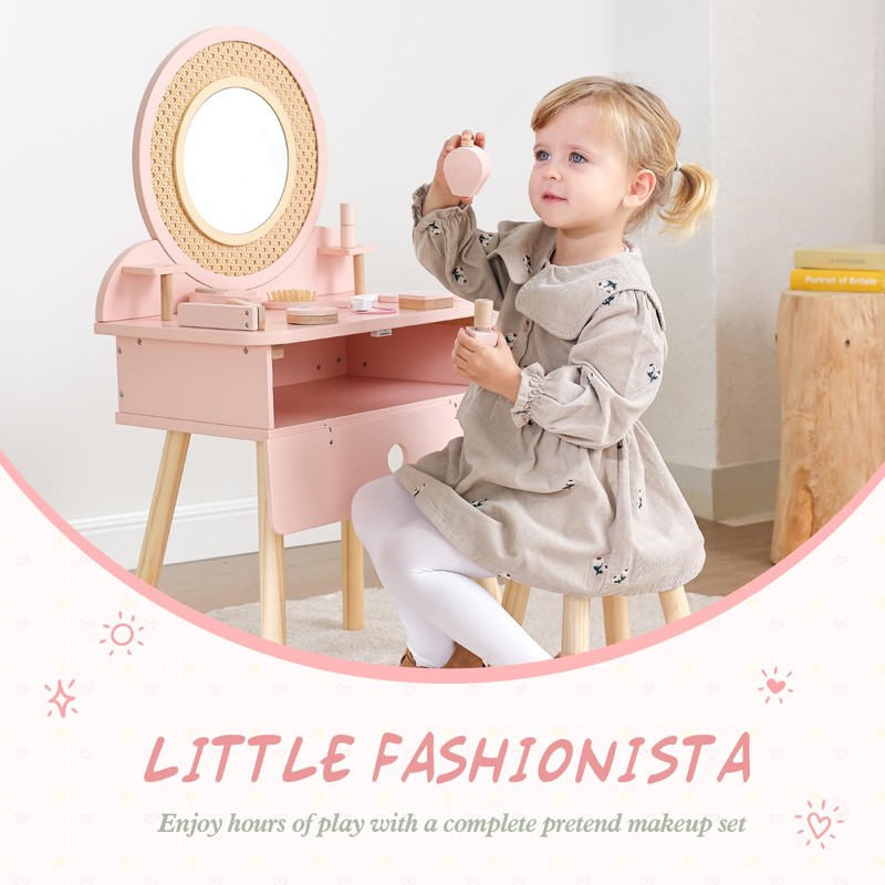 OOOK Kids Vanity Table and Chair Set, Pink Girls Vanity