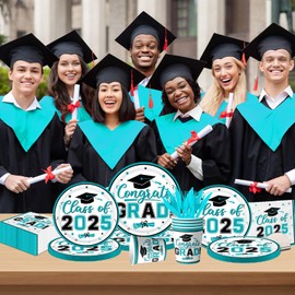 Teal Graduation Decorations Dinnerware Set, Class of 2025 Graduation Plates and Napkins, Graduation and Plates and Cups and Napkins Set for Congrats Grad Party Decorations, Serve 25