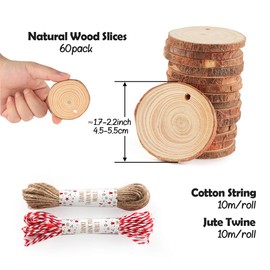 ilauke 60 Pcs Wooden Discs 4-5 cm Natural Wood Slices with Natural Jute Twine, Unfinished Predrilled Log Discs Wooden Circles for DIY Crafts Christmas Decorations Ornaments