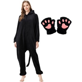 Ezuwail Black Cat Onesie Costumes Women/Men with Hood and Cat Paw Covers Cat Costume Outfit for Adult