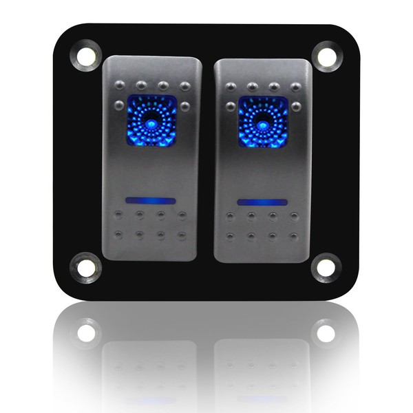 FXC Rocker Switch Aluminum Panel 2 Gang Toggle Switches Dash 5 Pin ON/Off 2 LED Backlit for Boat Car Marine Blue