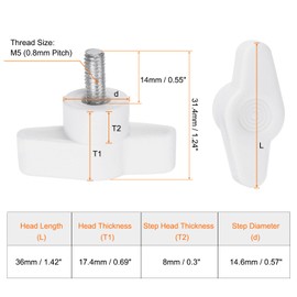 QUARKZMAN Pack of 20 Wing Knobs M5 x 14 mm Thread Plastic T-Pin Knobs T-Thread Handles Hand Clamping Tightening Thumb Screws White