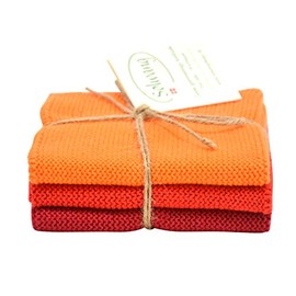 Solwang 3-Piece Danish Cotton Dishcloths in 100% Certified Organic Cotton Made in India (Orange/Red Organic Combi)