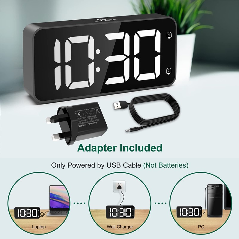 HERMIC Alarm Clock Bedside Mains Powered Large Digital Led Display,