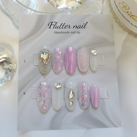 Purple Glitter & Silver Stone Handmade Nail Tips  - Midi Ballet / 보라글리터&실버스톤 수제네일팁  - 미디발레