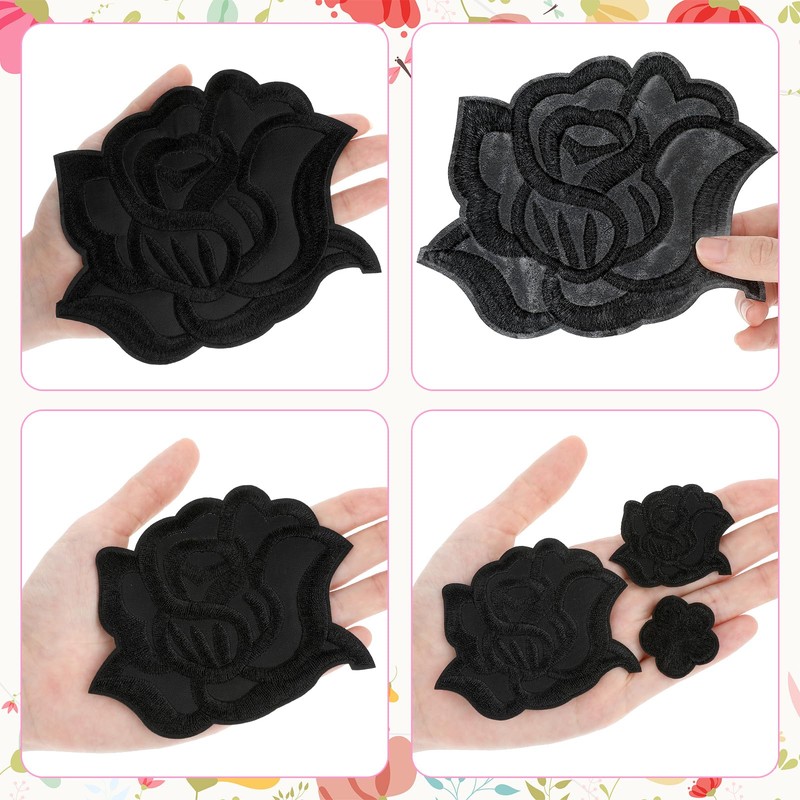 COMNICO 10 Pcs Black Iron on Rose Flower Patches for