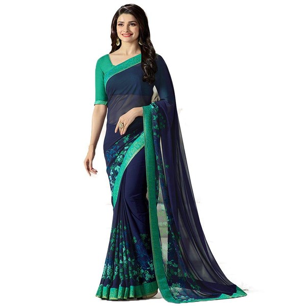 Rihana fashion Ropa de fiesta india para mujer, sari estampado con blusa sin costura-A15, Azul, Talla única