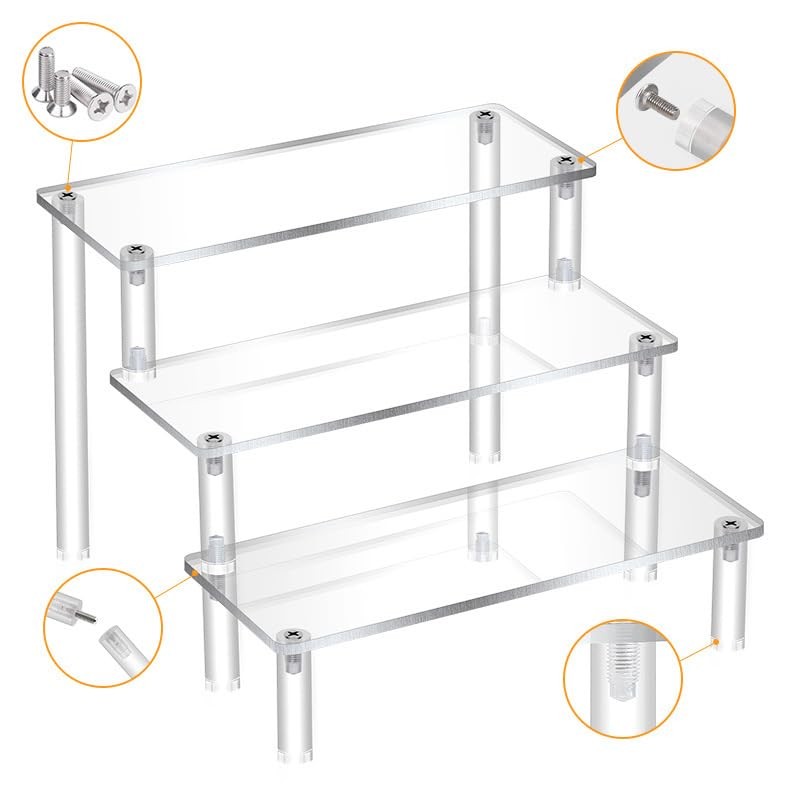Right angle 3-layer Acrylic Risers, Clear Rectangular 8cm Wide Tiered