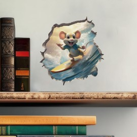 Surfer Mouse in Mouse Hole Decal - Mouse Hole 3D Wall Sticker