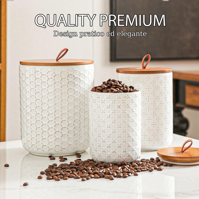 JOJUNO White Ceramic Canister Set with Wooden Lids – 3-Piece