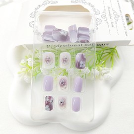 Press on Nails Square Short Fake Nails Purple Gradient Acrylic Nails Press ons Flower Golden Lines Glue on Nails Glossy Stick on Nails Artificial False Nails for Girls 24Pcs