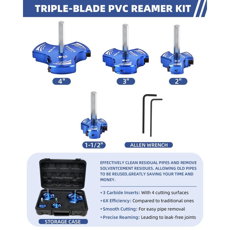 ERAYCO 4PCS Triple Blade PVC Pipe Reamer Kit, Plastic Pipe