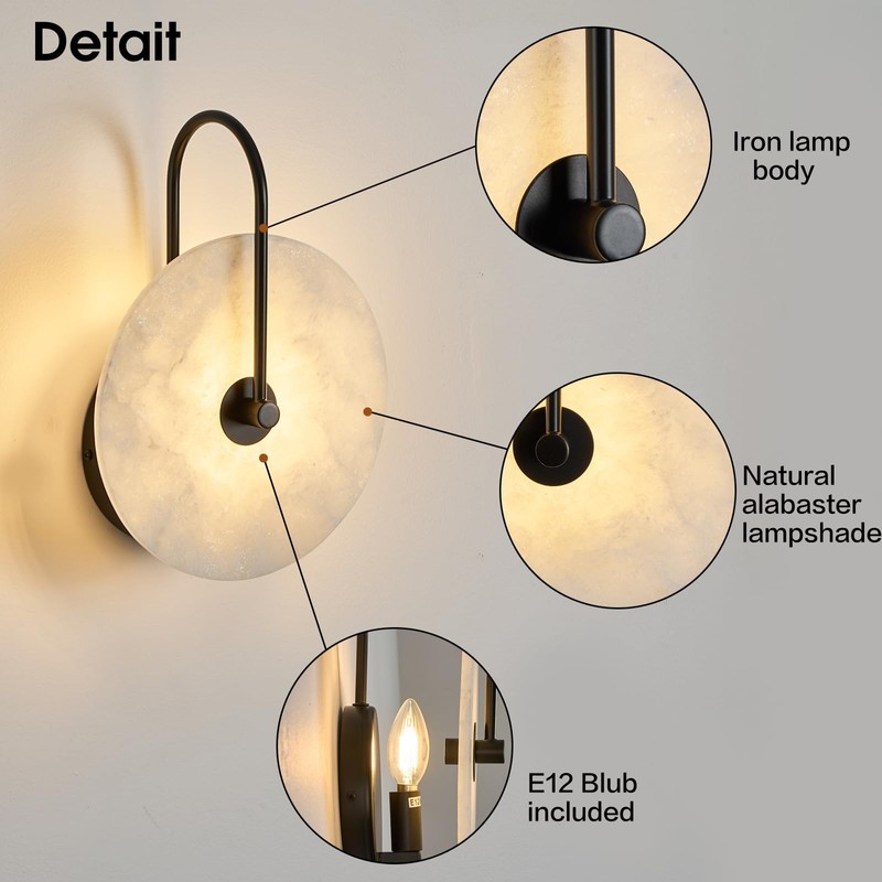 Fanyank Round Alabaster Wall Sconce, Natural Marble Lampshade Wall Sconce,