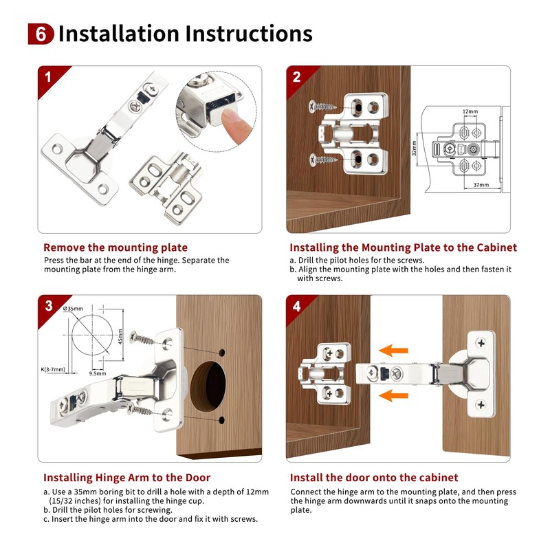 20 Pcs Full Overlay Frameless Soft Close Cabinet Hinges,105° 3-Way
