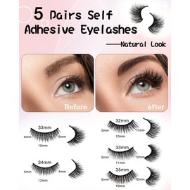 Reusable False Eyelashes Natural Look, Self Sticking No Glue Lashes for Women, Self Adhesive Eyelashes 5 Pairs, Natural Black Mixed