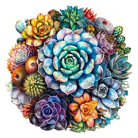Jigfoxy Wooden Jigsaw Puzzles for Adults, Succulent Wooden Puzzle 300pcs, Unique Plants Shape Wood Puzzles, for Family Friend with wooden box(13.4 * 13.4in)