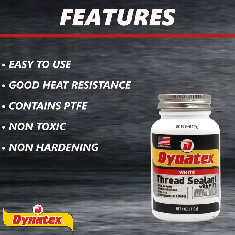 Dynatex 49494 All Purpose Thread Sealant with PTFE, -65 to