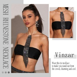 Vinzar Boho Black Y-Necklace Mesh Rhinestone Tie Necklace Shining Diamond Choker Necklace Long Tie Necklace Women Necklace Jewelry for Party Prom Daily