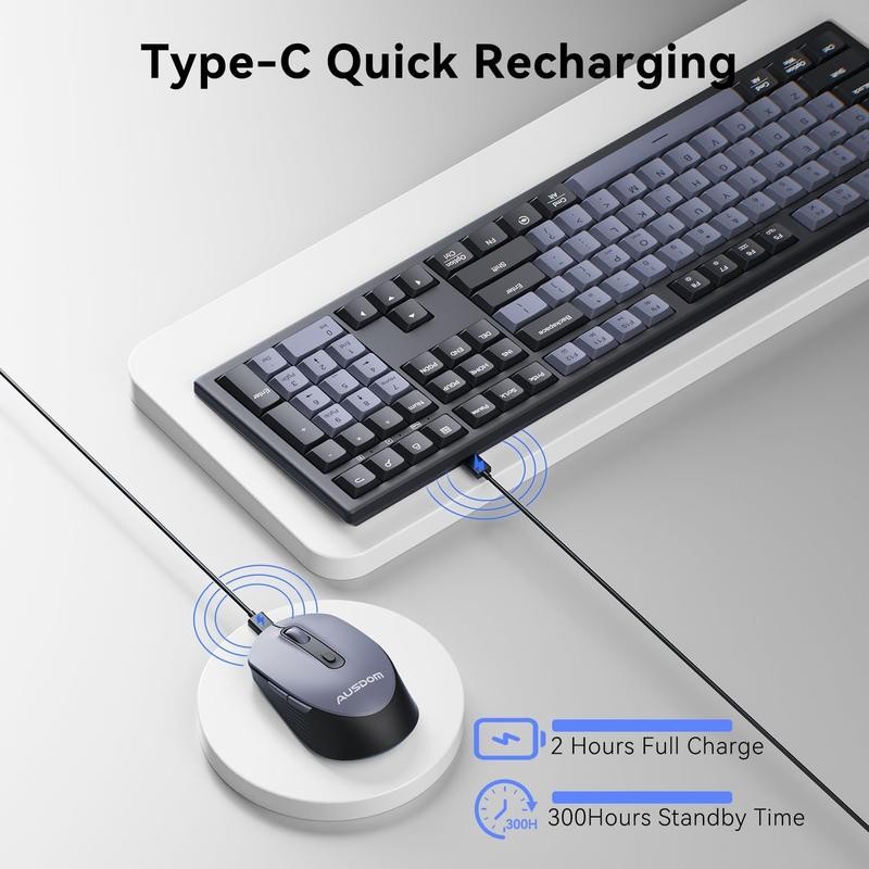 AUSDOM Wireless Keyboard and Mouse Combo: 2.4G Full-Sized Rechargeable Cordless