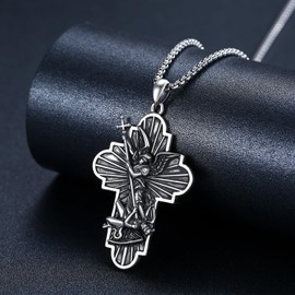 Midir&Etain St Michael Pendant Necklace 925 Sterling Silver Saint Michael Archangel Cross Medal Necklace Protection Necklace Catholic Jewellery Gifts for Men Women (N1908)