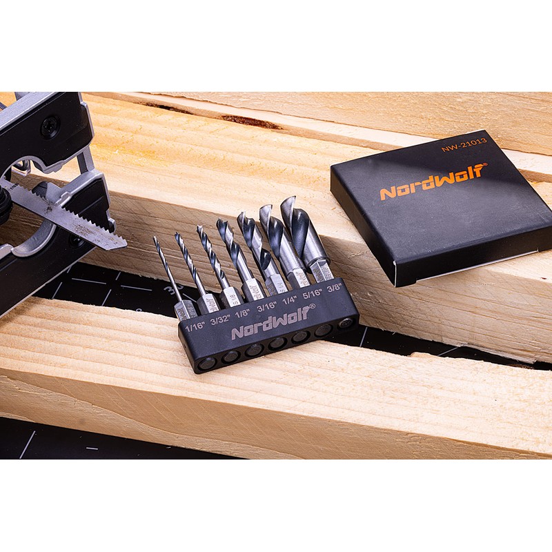 NordWolf 7-Piece HSS Brad Point Stubby Wood Drill Bit Set