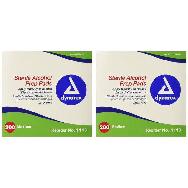 Dynarex Alcohol Prep Pads, Medical-Grade and Non-Woven Prep Pads, Saturated with 70% Isopropyl Alcohol, Rapid-Acting Antiseptic Wipes, 1-Ply, Medium, 2 Boxes of 200 Alcohol Prep Pads