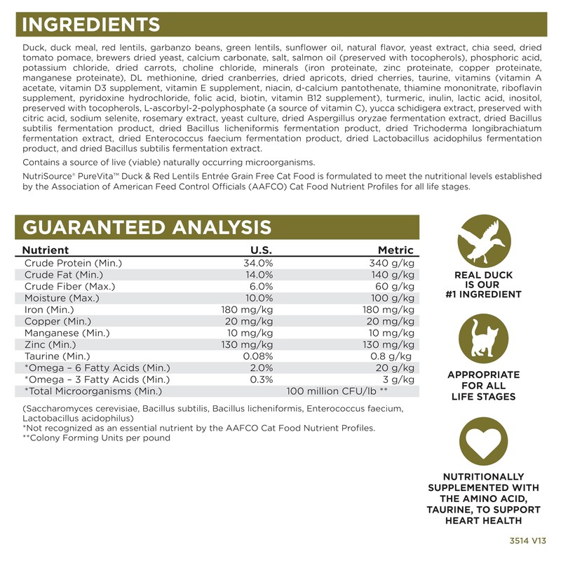 NutriSource Pure Vita Grain Free Cat Food, Duck and Red