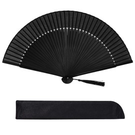 Wobe Hand Held Bamboo Silk Folding Fan, Chinese Japanese Handheld Fan with Tassel Wooden Charming Elegant Vintage Retro Style for Women Ladys Girls Dance Party Home Decorations (Black)