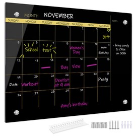 Okydoky Glass Dry Erase Whiteboard,Monthly Calendar Whiteboard,12" x 16",Frameless Glass White Board for Home,School,Office,Black Surface(GlassA-BK-3040)
