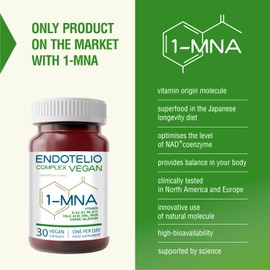 Endotelio 1-MNA Vegan Complex, Anti Aging Optimierendes NAD+, Vitamine und Mineralien für Frauen und Männer, D3, K2, B2, B6, B12, Folsäure, Zink, Eisen, Jod, Selen, Biohacking, 30 Kapseln