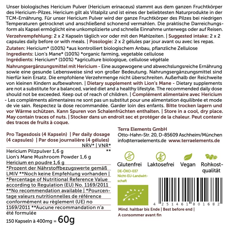 Terra Elements Organic Hericium Capsules (400 mg, Pack of 150)