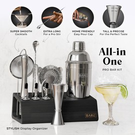 BARE BARREL® Mixology Bartender Kit Bar Set | 14-Piece Cocktail Shaker Set | Martini Barware Mixing Tools for Home Bartending | Incl. 35 Recipe Cards | Gift Set (24oz Cobbler Shaker, Silver Black)