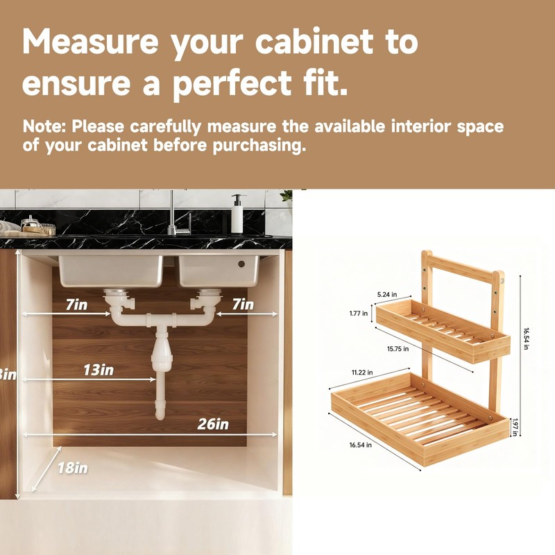 Bamboo Undersink Organizer Storage - 2-Tier Cabinet Shelf with Adjustable