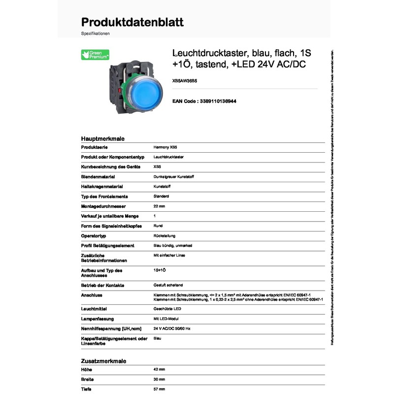 Schneider XB5AW36B5 Light Push Button Blue Flat 1NC + 1NC