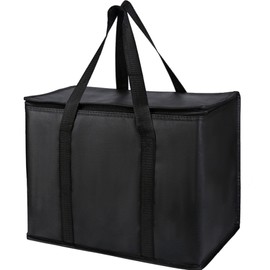 2 Pack Additional Bottom Plate Black Insulated Grocery Shopping Bag, Delivery,Pizza,Reusable Bags, Sturdy Zipper,Collapsible,Tote,Cooler,Thermal,Beach,Waterproof Heavy Duty