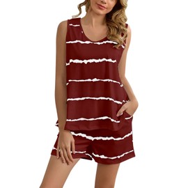 Celucke Women Summer Pajama Sets, Soft Breathable Sleepwear Comfortable Short Sleeve Top and Shorts Set Striped Nightwear, Satin Pyjamas For Women, Pj Shorts Set, Ladies Comfort Lounge Wear Wine