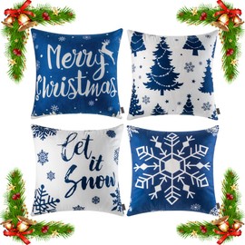 ORANIFUL Christmas Cushion Covers 50cm x 50cm Set of 4 Blue Velvet Holiday Pillow Case for Sofa Couch Bedroom Xmas Decorations Throw Pillowcase 20x20 Inches (4pack-01)