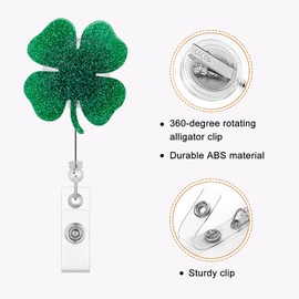 Celokiy St Patrick's Day Glitter Shamrock Badge Reel, Green Retractable ID Card Holder with Clip for Nurses, Office & Teachers
