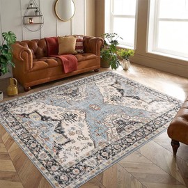 GarveeHome 9x12 Washable Rug Boho Rugs for Living Room Indoor Soft Large Area Rug Low Pile Non-Shedding Accent Rug Non Slip Vintage Rug Traditional Foldable Carpet for Bedroom Home Office Turquoise