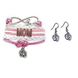 Infinity Collection Mom Jewelry Set, Mom Bracelet and Baby Feet Earrings- Makes The Perfect New Mom Gift (Pink)