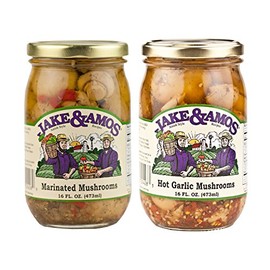 Jake & Amos Pickled Mushroom Variety Pack 16 oz. Marinated, Hot Garlic (1 Jar of Each)