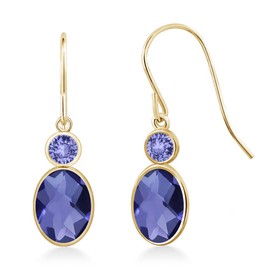 Gem Stone King 14K Yellow Gold Blue Iolite and Blue Tanzanite Hook French Fish Ear Wire Dangle Earrings For Women 1.54 Cttw, Gemstone Birthstone, Oval Checkerboard 7X5MM, Round 3MM