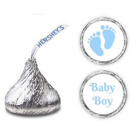 324 Baby Boy Blue Footprints Kisses Labels for Baby Shower Or Baby Sprinkle Party Or Event Decorations, Stickers, Wrappers, Favors. Made in USA