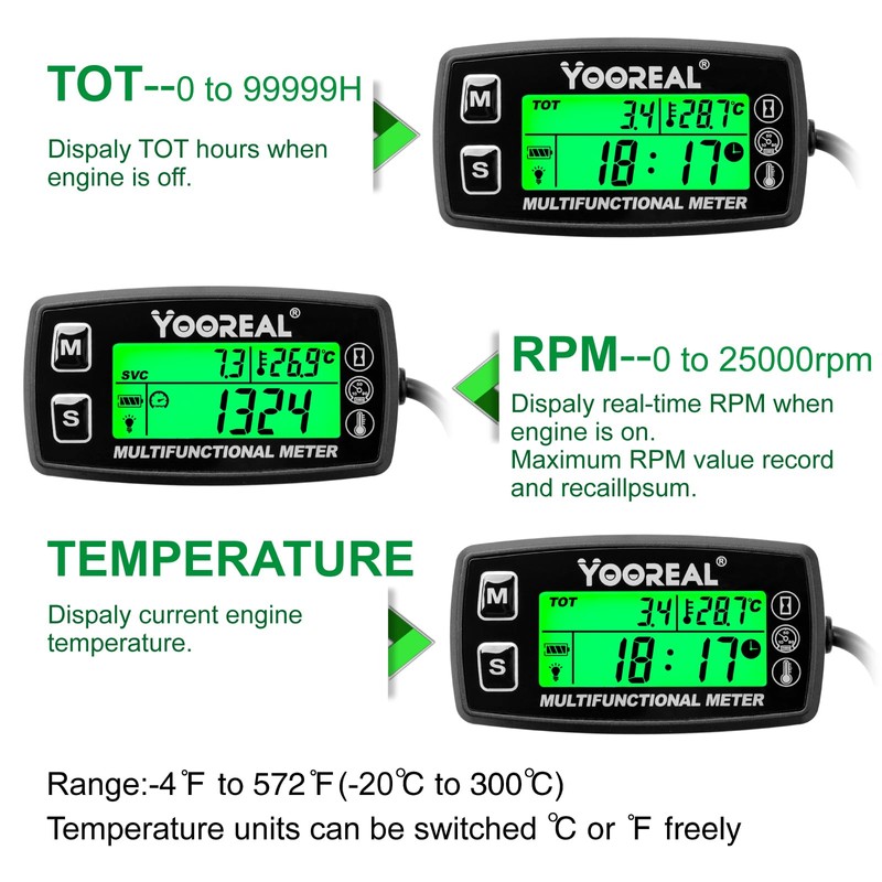 Yooreal Digital Tachometer Hour Meter,Engine Water Oil Temperature Gauge,Alert RPM
