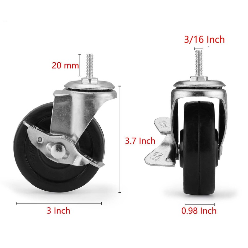 Wire Shelving Casters,3" Diameter,Set of 4,Caster Roller Wheels for Shelving