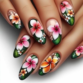 Flower Press on Nails Medium Almond Fake Nails Pink Yellow Flower False Nails Spring Glossy Full Cover Glue on Nails Cute Stick on Nails Reusable Acrylic Nails Kit for Coquette Women Girls 24Pcs