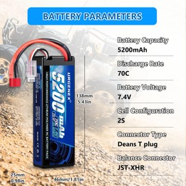 URGENEX 7.4V 5200mAh Lipo Battery 2S 70C High Discharge Rate RC Batteries with Deans T Plug Fit for RC Car Truck, RC Airplane, FPV Drone, UAV Quadcopter and Helicopter