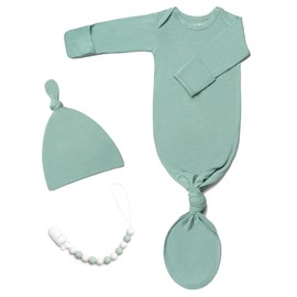 Extra Long Newborn Baby Knotted Gown, Super Soft Silky Coming Home Outfit with Mittens & Hat, Baby Sleepers for Girls & Boys 0~3 Months, Newborn Photoshoot Outfits