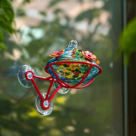 Window Hummingbird Feeder - Hand Blown Glass Mounted Hummingbird Feeder with Strong Suction Cups for Outdoor Window Mount (Blue)